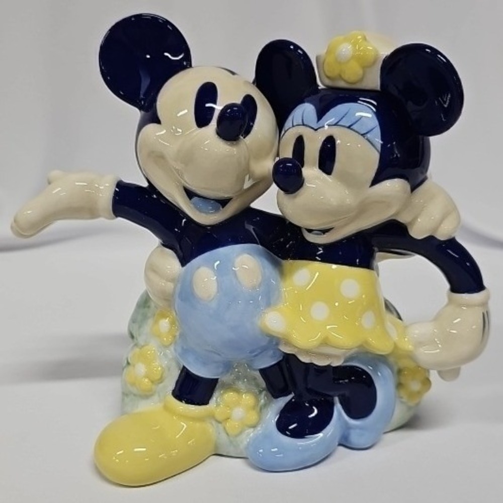 Disney Mickey and Minnie Mouse Ceramic Teapot Blue Yellow‎ Floral Collectible